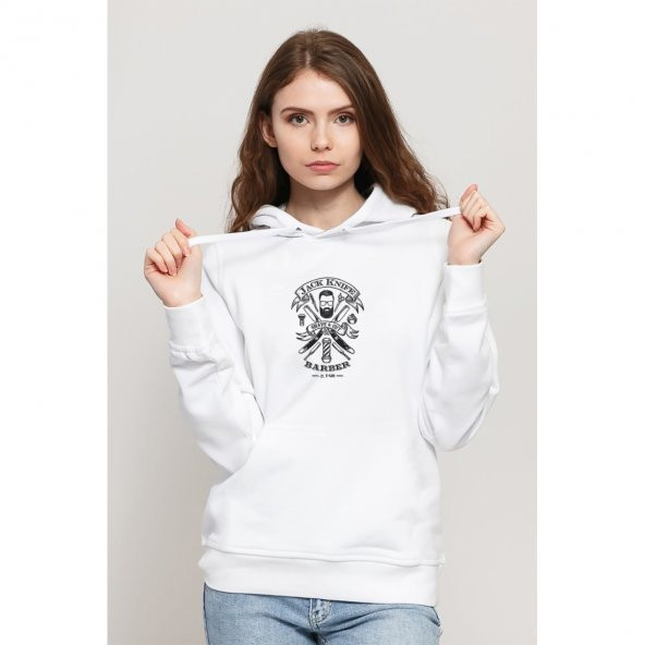 Jack Knife Barber Shop Design Oscar Baskılı Beyaz Kadın Örme Kapşonlu Sweatshirt Uzun kol