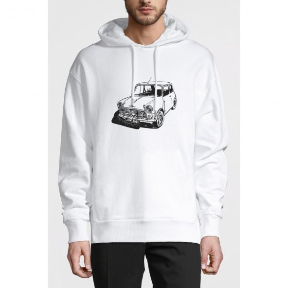 Mini Araba Çizim Baskılı Beyaz Erkek Örme Kapşonlu Sweatshirt Uzun kol - 1