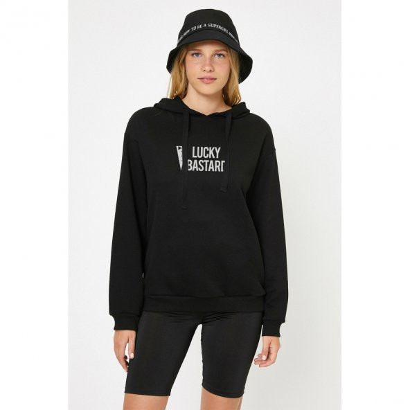 Lucky Bastard Lucky Bastard Baskılı Siyah Kadın Örme Kapşonlu Sweatshirt Uzun kol