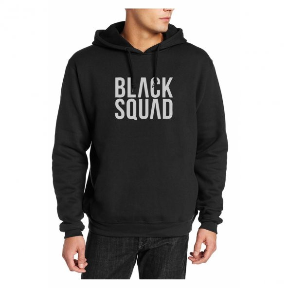 Black Squad Baskılı Siyah Erkek Örme Kapşonlu Sweatshirt Uzun kol