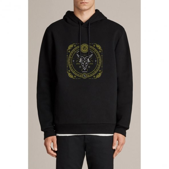 Burç Oğlak Capricorn Baskılı Siyah Erkek Örme Kapşonlu Sweatshirt Uzun kol
