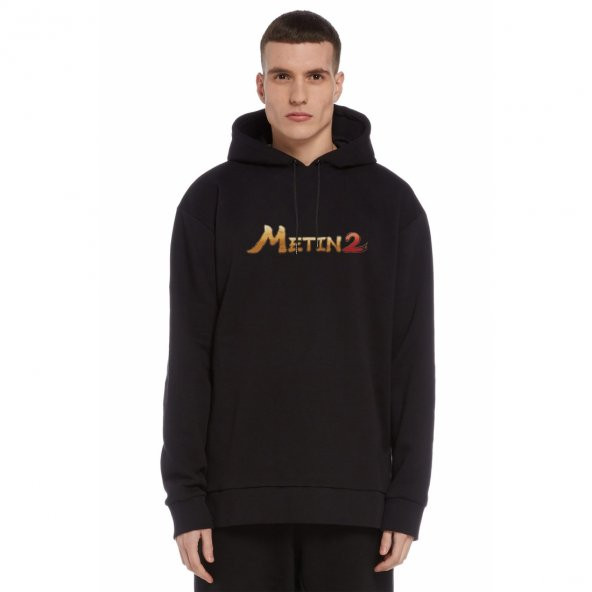 Metin2 Logo Baskılı Siyah Erkek Örme Kapşonlu Sweatshirt Uzun kol - 1