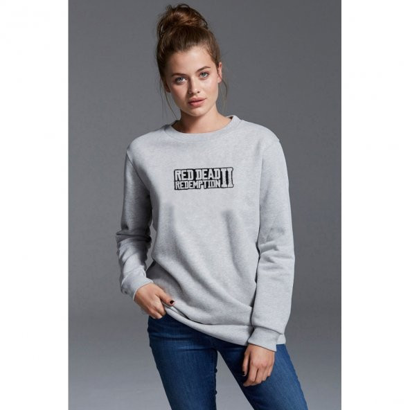Red Dead Redemption 2 Logo Baskılı Gri Kadın Örme Sweatshirt Uzun kol