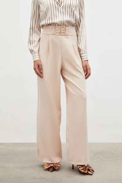 Bel Aksesuarlı Bol Paça Pantolon - Bej - 5