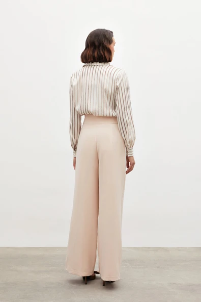 Bel Aksesuarlı Bol Paça Pantolon - Bej - 6
