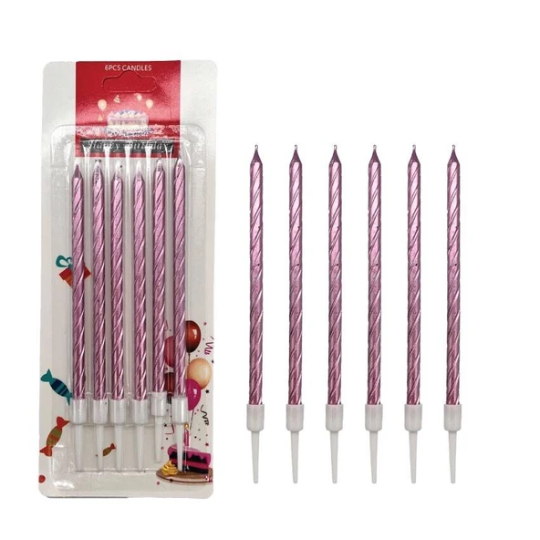 Spiral Pembe İnce Mum 14 cm 6 lı