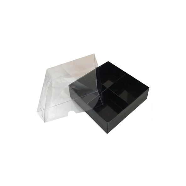 Asetat Kapaklı Karton Kutu 12x12x3 CM 4 Bölmeli Kutu (10 Adet)  Siyah