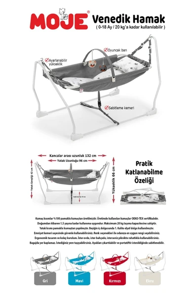 MOJE Venedik Hamak Gri Sallanır Ve Sabitlenir - 6