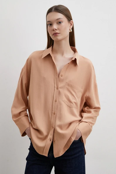 Keten Görünümlüı Linen Prunes Gömlek Pudra - Resim 3