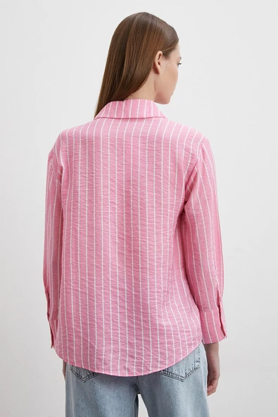 Çizgi Desenli Gömlek Pembe - Resim 5