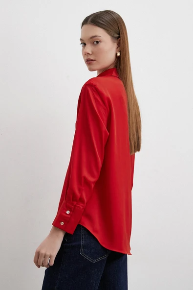 Cupra Saten Gömlek Kırmızı - Resim 3