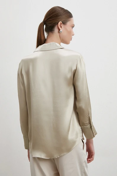Floş Basic Saten Gömlek Bej - Resim 6