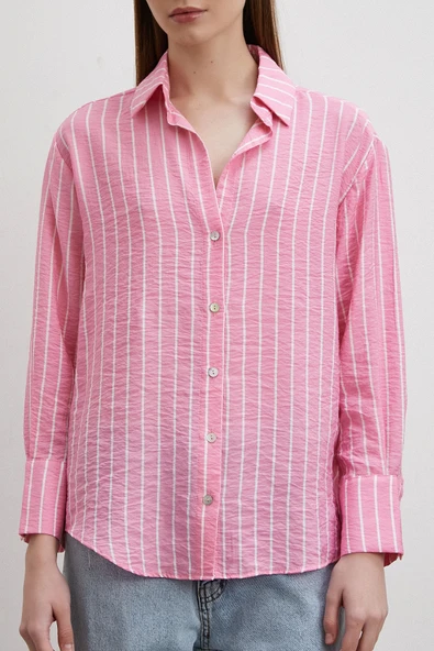Çizgi Desenli Gömlek Pembe - Resim 4