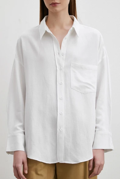 Keten Karışımlı Linen Prunes Gömlek Beyaz - 5