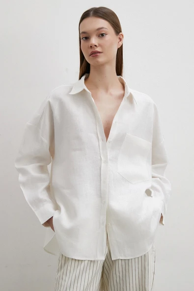Robalı Cepli Keten Gömlek Ekru - Resim 3