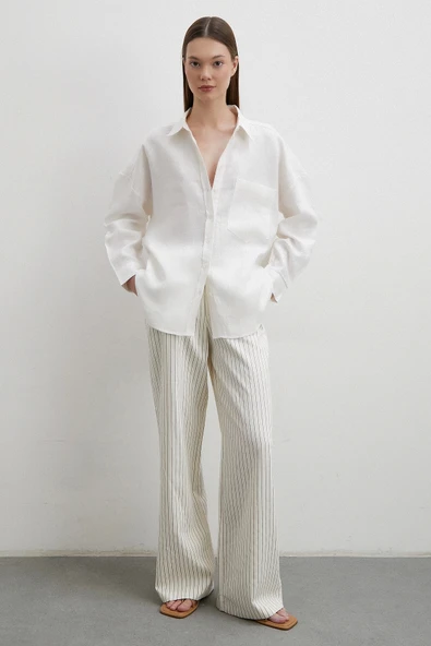 Robalı Cepli Keten Gömlek Ekru ürün görseli