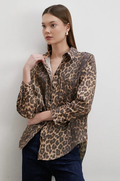 Leopar Desenli V Yaka Gömlek Kahve - 2