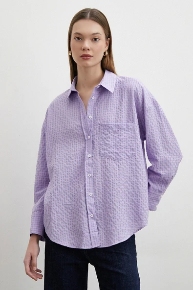 Gofre Kareli Gömlek Mor - Resim 2