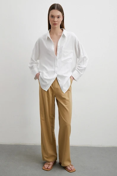 Keten Karışımlı Linen Prunes Gömlek Beyaz