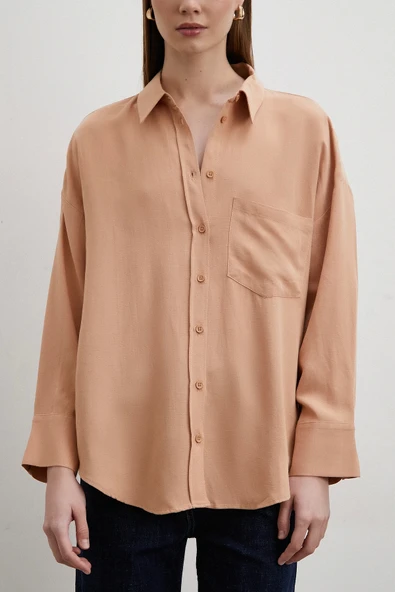 Keten Görünümlüı Linen Prunes Gömlek Pudra - Resim 5