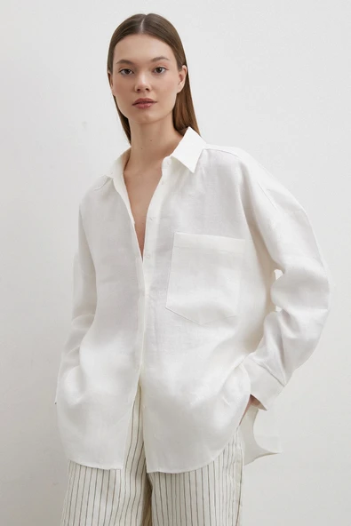 Robalı Cepli Keten Gömlek Ekru - Resim 4