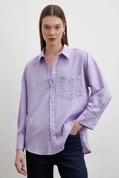 Gofre Kareli Gömlek Mor ürün görseli