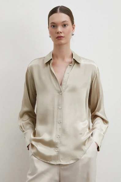 Floş Basic Saten Gömlek Bej - Resim 3