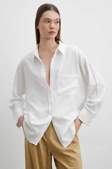 Keten Karışımlı Linen Prunes Gömlek Beyaz - 2