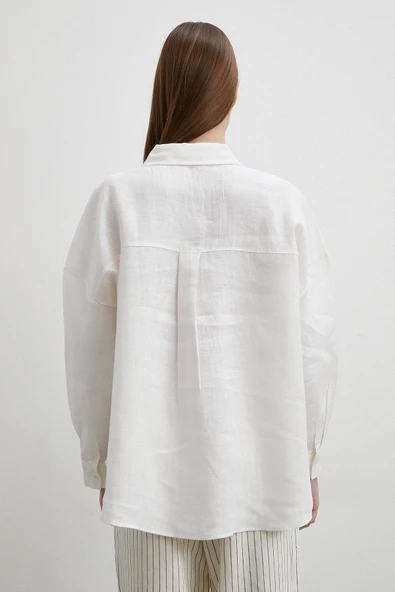 Robalı Cepli Keten Gömlek Ekru - Resim 6