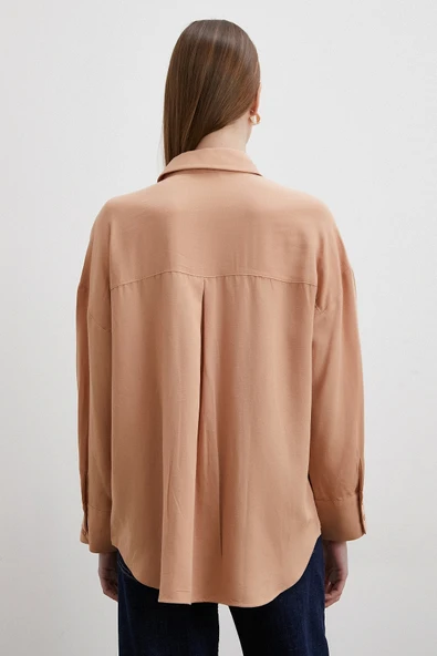 Keten Görünümlüı Linen Prunes Gömlek Pudra - Resim 6