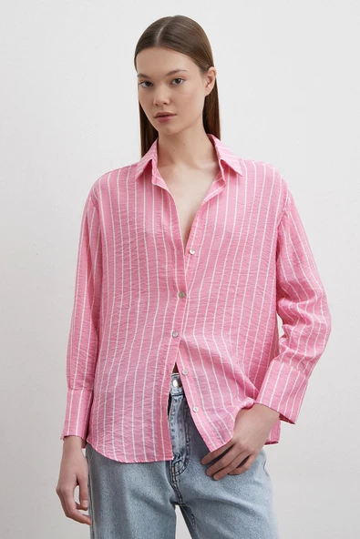 Çizgi Desenli Gömlek Pembe - Resim 2