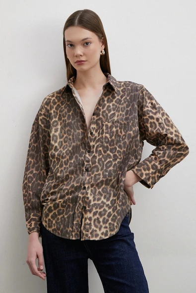 Leopar Desenli V Yaka Gömlek Kahve - 4