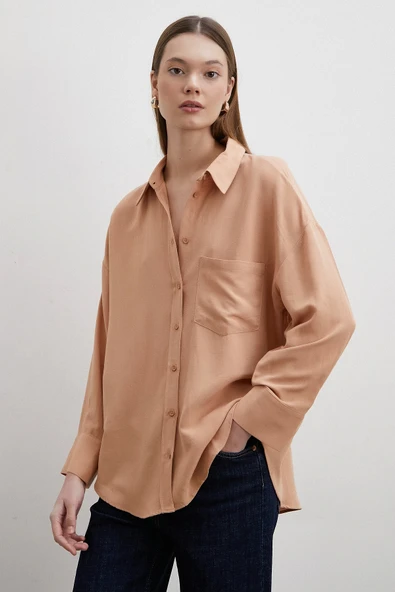 Keten Görünümlüı Linen Prunes Gömlek Pudra - Resim 2