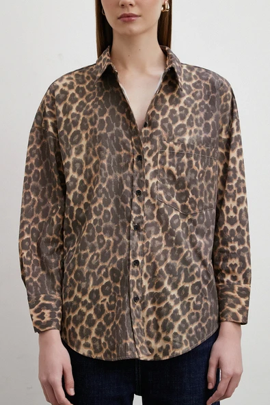 Leopar Desenli V Yaka Gömlek Kahve - 5