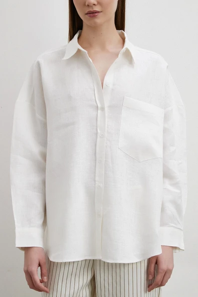 Robalı Cepli Keten Gömlek Ekru - Resim 5