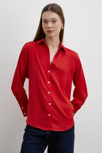 Cupra Saten Gömlek Kırmızı - Resim 2