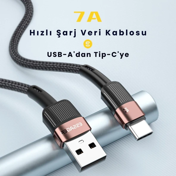 Essager 3 Metre 7A 66W USB to Type-C Süper Hızlı Şarj ve Data  Kablosu,Süper Dayanıklı Akım ve Isı Korumalı - Resim 2
