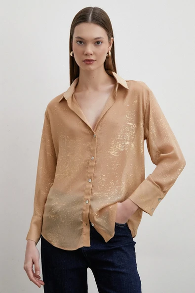 Simli V Yaka Gömlek Gold - Resim 2