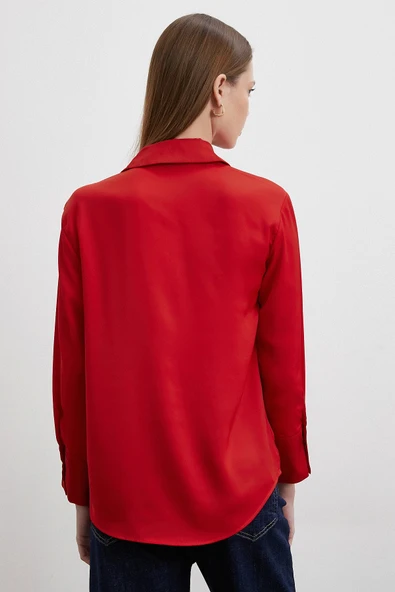 Cupra Saten Gömlek Kırmızı - Resim 6