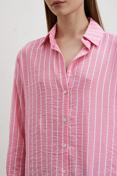 Çizgi Desenli Gömlek Pembe - Resim 3