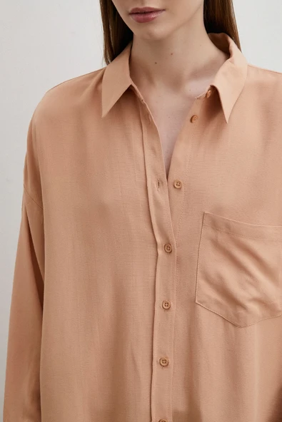 Keten Görünümlüı Linen Prunes Gömlek Pudra - Resim 4