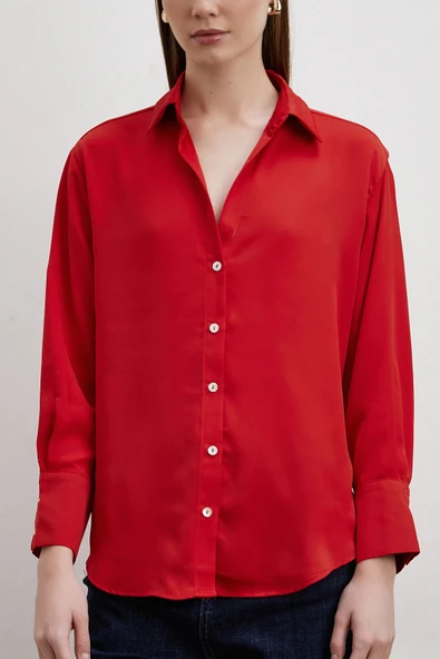 Cupra Saten Gömlek Kırmızı - Resim 5