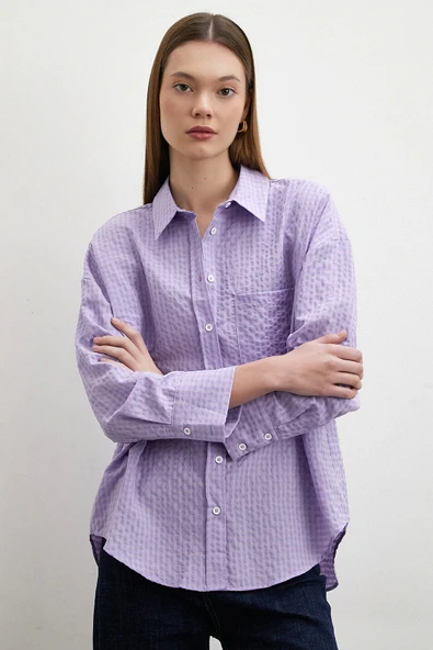 Gofre Kareli Gömlek Mor - Resim 3