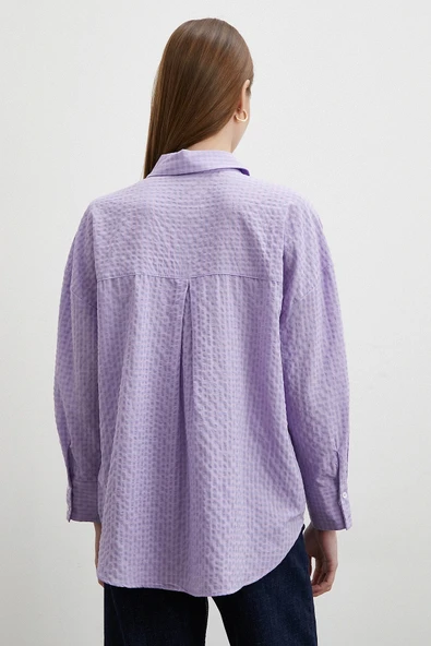 Gofre Kareli Gömlek Mor - Resim 6