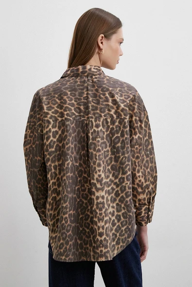 Leopar Desenli V Yaka Gömlek Kahve - 6