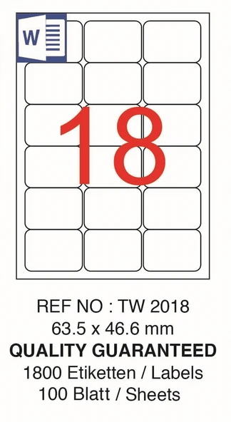 Kendinden yapışkanlı İnJET/LASER/A4 formunda Sticker/ETİKET 63.5mm x 46.6mm (100.yaprak/1800 Etiket) - Resim 2