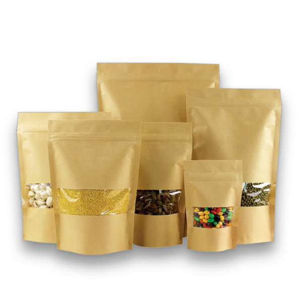 Doypack Ambalaj Kraft Pencereli Kilitli 50 li Paket 25x34x6 - 2000gr lık