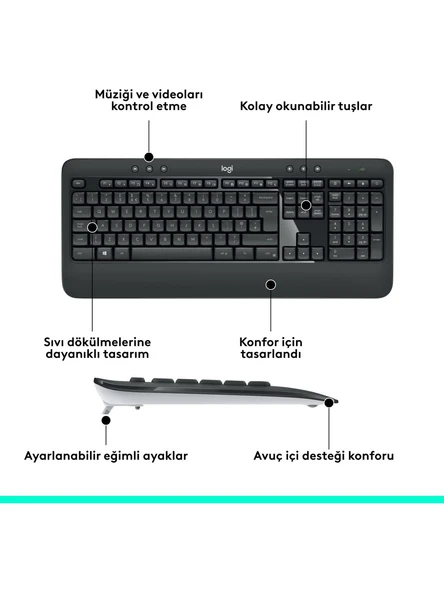 Logitech MK540 ADVANCED Kablosuz Türkçe Klavye Mouse Seti - Siyah - 9