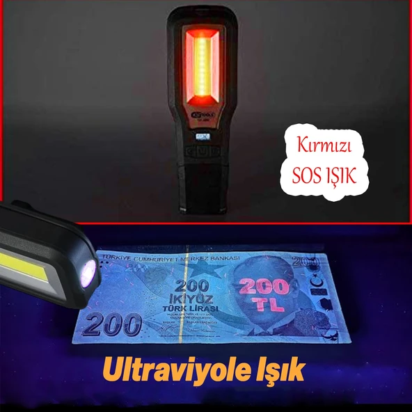 El Feneri Mıknatıslı Şarjlı Güçlü Beyaz ve Sos Işıklı Kamp Lambası Led Aydınlatma Ultraviole Işık - 4