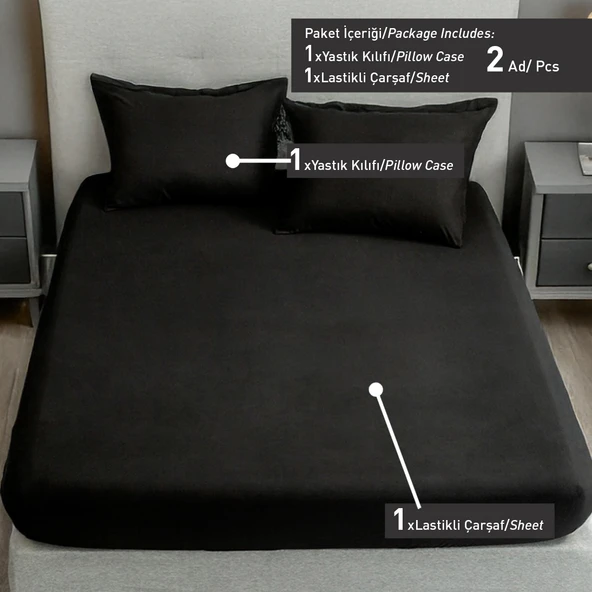 Upstyle Lastikli Çarşaf + Yastık Kılıfı Tek Kişilik Basic Siyah - 4